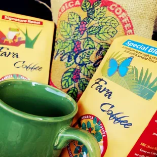 a cup of coffee and a bag of coffee