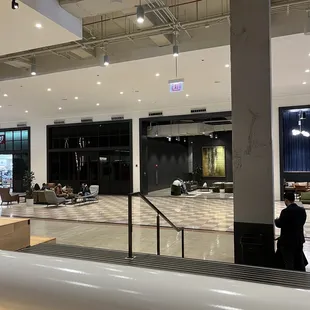 a view of the lobby of a modern office building