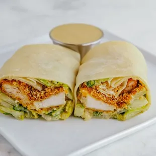 Miso Caesar Salad with Crispy Chicken (as a wrap)
