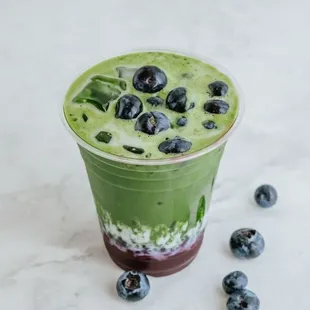 Blueberry Matcha. House Made Blueberry Syrup, Milk of Choice, Ceremonial Grade Matcha.