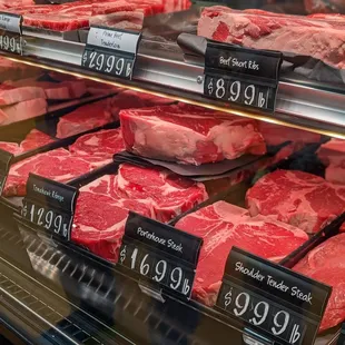 a display of raw meat