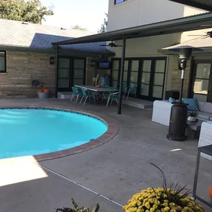 a pool and patio area