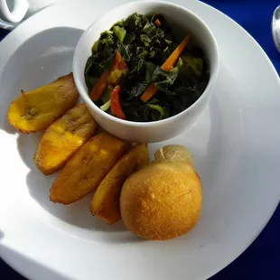 Fried Plantain, fried Dumpling and Callaloo (Jamaican Greens)