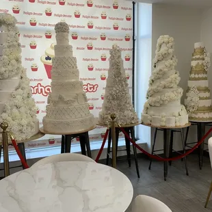 a display of wedding cakes