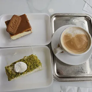 Biscoff cheesecake,  Ashta Pistachio,  hot Latte