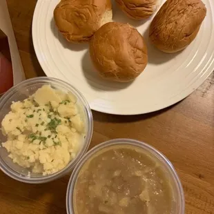 Mashed potatoes, gravy and homemade dinner rolls