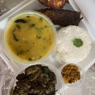 Fried Fish, Chicken Liver &amp; Giblet Curry, Lentil soup &amp; rice with Achar (pickle)