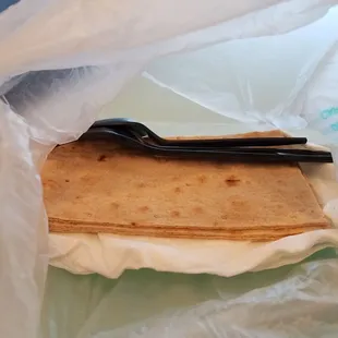 imagine my surprise to find edible bread napkins with my fork. whole wheat flat bread wipes up my eggplant puree quite nicely