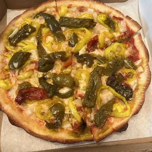 Fried pepper, banana pepper and onion pizza