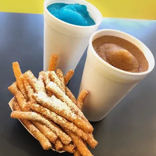 Frozen Root Beer, Blue Razz Slush, and Funnel cake fries