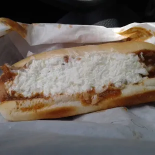 a chili and cheese sandwich