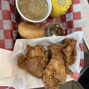 3 Piece Dinner with Mashed Potatoes &amp; Gravy, Corn on the Cob, and a Country Roll
