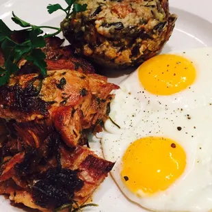 Fresh local ham, savory wild rice bread pudding, sunny up eggs