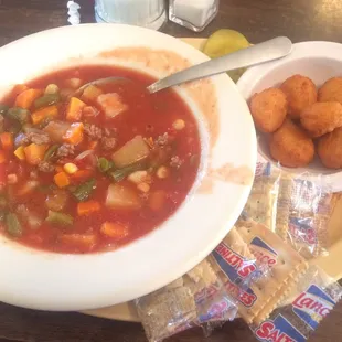 Vegetable soup and grilled cheese special, with some yummy corn nuggets on the side!