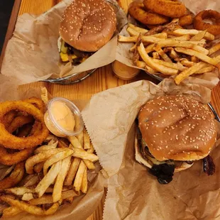 Cheeseburger, fries and onion rings.