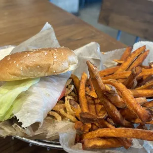 Create your own burger with sweet potatoe fries