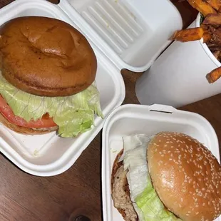 chicken burgers and basket of sweet potato fries