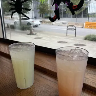 Cucumber lemonade (left) and cucumber and strawberry lemonade mix (right)