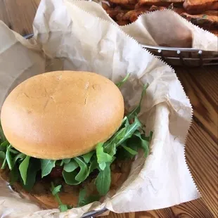 Housemade Vegan patty on Gluten free bun (AMAZING) + Basket of Sweet Potato Fries