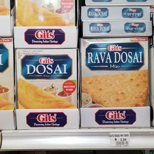 boxes of dosa on a shelf