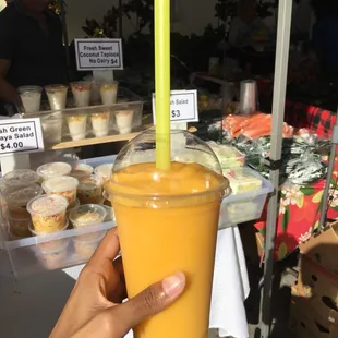 Mango smoothie, $5. This is usually the first thing I buy so I have something to sip on while I shop!