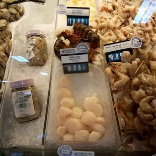 a variety of seafood in a display case