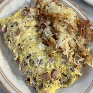 Meat omelette and hasbrowns