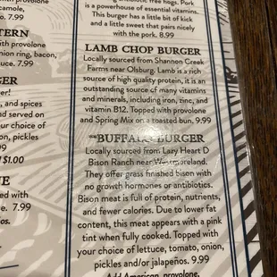 Just part of the menu highlighting the lamb and buffalo burgers!