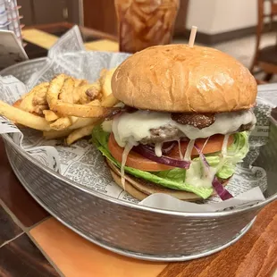 Hamburger with bacon and Swiss cheese, absolutely delicious!