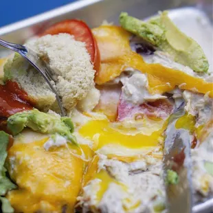 a plate of food being eaten
