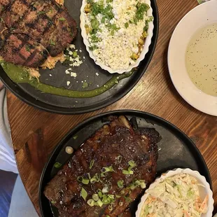 Grilled Pork Chop with elote gratin and Grilled Baby Back Ribs with sweet potato fingerlings.