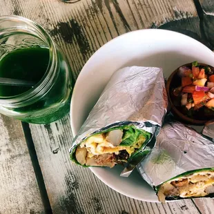Celery juice and the barn burrito with spinach tortilla