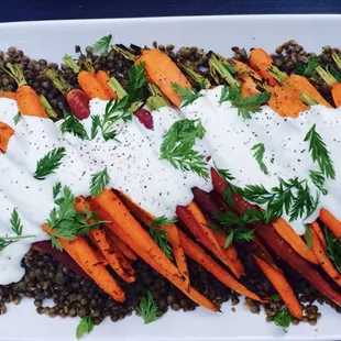 Grilled carrots, lentils, horseradish yogurt sauce