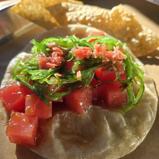 Big Kahuna- ahi tuna taco now served on a crispy taco shell