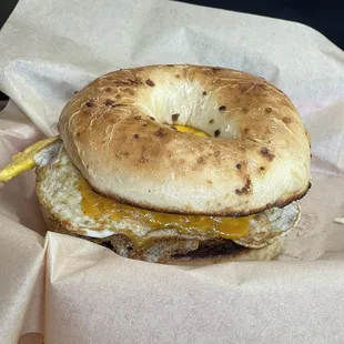 Breakfast bagel. Sausage egg and cheese.
