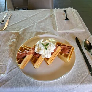 Belgian Waffle with local rhubarb compote and Chantilly Cream fir brunch at Farmacy Grill