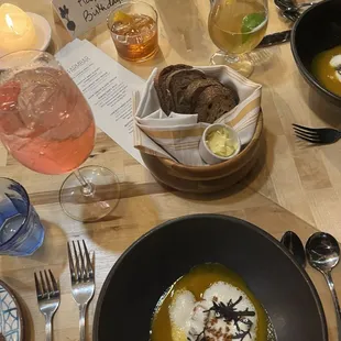 Butternut Miso Bisque, Sourdough, No-groni spritz