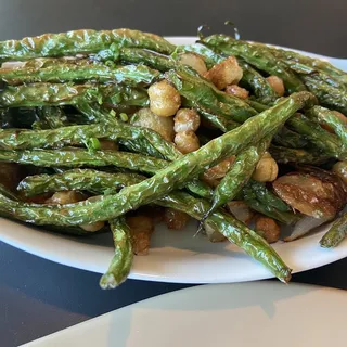 Flash Fried Green Beans with Crispy Chickpeas and Caramelized Shallots