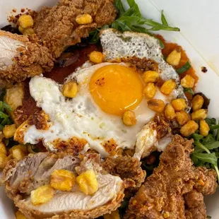 Ayer&apos;s Creek Polenta Bowl with Fried chicken.