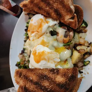 Veggie skillet with poached eggs
