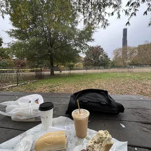 Chop Chicken Sandwich from Farmers Deli, with Lattes from Bitter Sweet near by