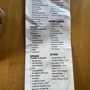 Deli sandwich menu
