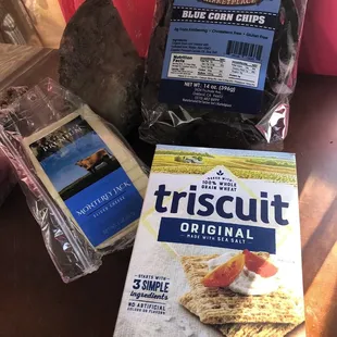Snacks-cheese, blue corn chips, triscuits...