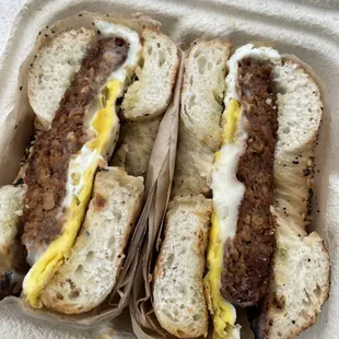 Egg, cheese &amp; protein (veggie sausage) on an everything bagel