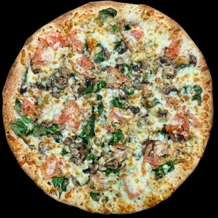 Farmers Spinach Romano - 
Spinach, Fresh Mushroom, Tomato, Parmesan Cream Sauce, Mozzarella Cheese.