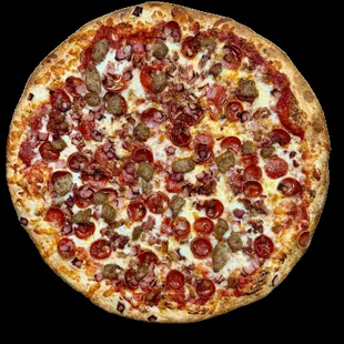 Meat Lovers - 
Old World Pepperoni, Ham, Sausage,
Bacon, Fresh Pizza Sauce, Shredded Mozzarella Cheese.