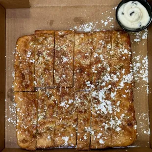 Cinnamon Bread - 
Cinnamon Sugar, side of Chocolate Chip filled Icing