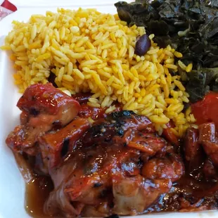 Spicy chicken, collards, rice