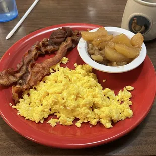 3 scrambled eggs, bacon, fried apples