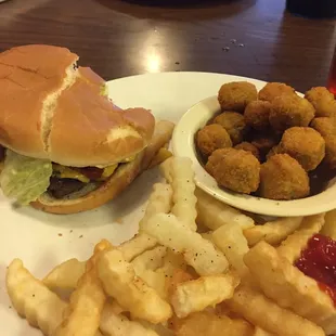 a burger, fries, and ketchup